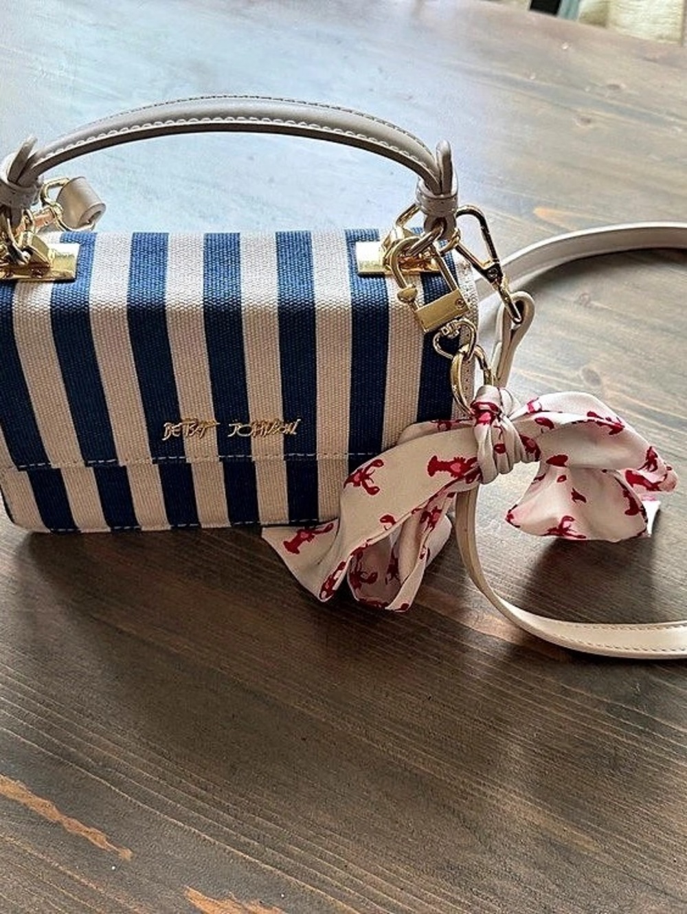 Betsey Johnson XO Lucy Navy Stripe Lobster Crossbody Bag